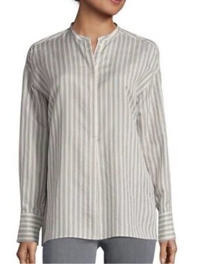 Vince 100% Silk Cream and Light Gray Striped Mandarin Collar Button Down Blouse